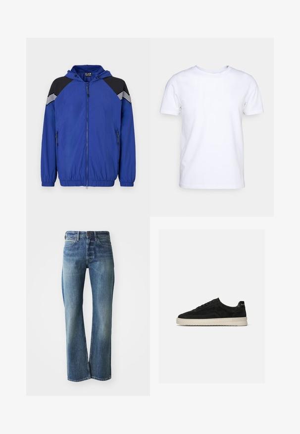Veste légère bleue avec capuche, dotée d'accents noirs aux épaules et de détails rayés. Fermeture zippée à l'avant et poignets élastiques. Texture lisse.; T-shirt blanc à manches courtes en tissu de coton avec un col rond. Design simple sans motifs ni accents. Texture lisse.; Jeans en denim de couleur bleu clair à moyen, coupe droite, design classique à cinq poches et décoloration subtile à l'avant.; Baskets basses en daim noir avec lacets noirs et semelle blanche en caoutchouc, vue latérale sur fond gris clair uni.
