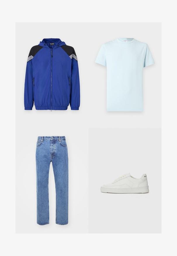 Chaqueta ligera azul con capucha, con acentos en negro en los hombros y detalles a rayas. Frente con cremallera y puños elásticos. Textura suave.; Camiseta de color azul claro de manga corta, hecha de algodón suave. Presenta un cuello redondo clásico y un diseño minimalista, sin patrones ni acentos.; Won Hundred STEVE - Vaqueros boyfriend - cut blue; Zapatilla de cuero blanca con un acabado suave, puntera redonda, cordones planos y suela texturizada. Cuenta con un sutil logo en el talón.