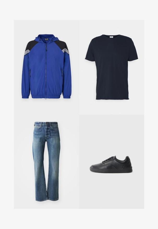 Veste légère bleue avec capuche, dotée d'accents noirs aux épaules et de détails rayés. Fermeture zippée à l'avant et poignets élastiques. Texture lisse.; T-shirt en coton bleu marine avec un col rond et des manches courtes, présentant une texture lisse et un design simple, sans motifs ni accents visibles.; Jeans en denim de couleur bleu clair à moyen, coupe droite, design classique à cinq poches et décoloration subtile à l'avant.; Chaussure de sport en cuir noir avec une finition lisse, bout arrondi, panneau latéral texturé et lacets noirs. Présente une semelle en caoutchouc plate et un design minimaliste.