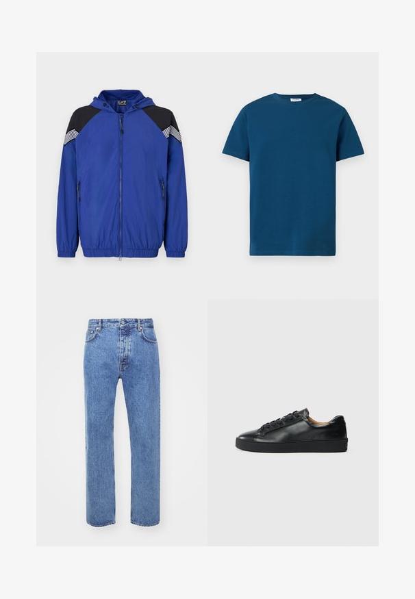 Leichte blaue Jacke mit Kapuze, ausgestattet mit schwarzen Schulterakzenten und gestreiften Details. Mit Reißverschluss vorne und elastischen Bündchen. Glatte Textur.; Dunkelblaues T-Shirt mit Rundhalsausschnitt aus weicher Baumwolle, mit kurzen Ärmeln und einfacher, glatter Textur sowie geradem Schnitt.; Won Hundred STEVE - Jeans Relaxed Fit - cut blue; Schwarze Leder-Sneaker mit glatter Textur, runder Zehenpartie und Schnürverschluss. Verfügt über eine dicke Gummisohle und minimalistische Marken-Details.