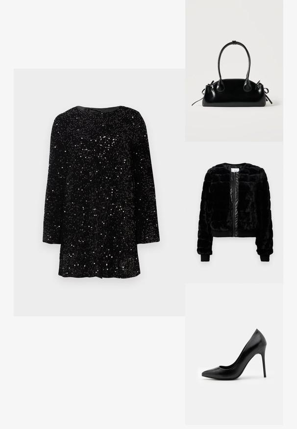 Veste bomber en fausse fourrure noire avec fermeture à glissière, poignets et ourlet côtelés, dotée d'un motif matelassé et d'accents en fausse cuir lisse.; Robe noire à sequins avec un décolleté rond, des manches longues et une coupe décontractée. La surface a une apparence texturée grâce aux sequins.; Escarpin noir en cuir avec un bout pointu et une texture lisse. Dispose d'un talon aiguille fin et d'un décolleté bas.; Petit sac à main noir brillant avec deux longues anses et des détails à cordon sur les côtés sur un fond clair uni.