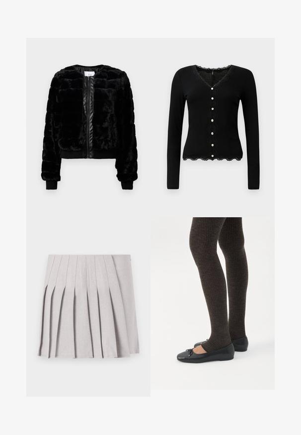 Veste bomber en fausse fourrure noire avec fermeture à glissière, poignets et ourlet côtelés, dotée d'un motif matelassé et d'accents en fausse cuir lisse.; Cardigan noir à manches longues avec un col en V, des bordures en dentelle et une fermeture décorative par bouton. Présente un tissu en maille côtelée et un ourlet inférieur en forme de coquille.; Jupe plissée grise au toucher lisse, dotée de multiples plis verticaux et d'une taille ajustée. Fabriquée en tissu léger.; Jambes portant des leggings côtelés foncés associés à des ballerines noires avec de petits détails en nœud sur fond blanc.