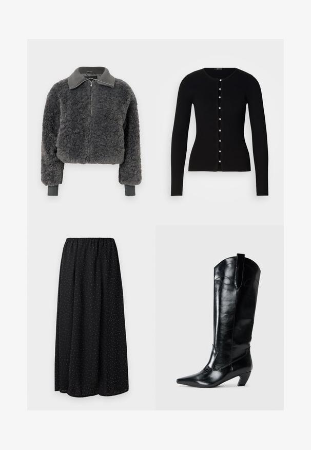 Veste à zip en fausse fourrure shearling gris foncé avec col et poignets côtelés, dotée d'une fermeture éclair à l'avant et d'une coupe légèrement courte.; Cardigan noir à côtes avec manches longues, col rond et fermeture à boutons, présentant des boutons en forme de perles le long d'une couture ondulée.; Jupe noire en tissu léger avec une taille froncée. Elle présente un motif de petits pois blancs sur l'ensemble du tissu.; Bottes en cuir noir montantes jusqu'au genou, avec une pointe effilée, un talon bas, et des détails de couture décoratifs sur les côtés. Fini lisse et brillant.