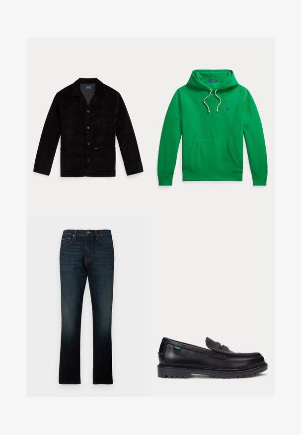 Chaqueta de pana negra con cuello puntiagudo, botones frontales, un bolsillo en el pecho y dos bolsillos inferiores. Textura suave y diseño clásico.; Sudadera verde con capucha, bolsillo delantero, cordones blancos y pequeño logo azul de Polo Ralph Lauren en el pecho.; Vaqueros de denim azul oscuro de pierna recta con cinco bolsillos y costuras naranjas, mostrados planos sobre un fondo blanco.; Mocasín de cuero negro con suela gruesa estriada y pequeña etiqueta verde "Polo" en el lado exterior cerca del talón.