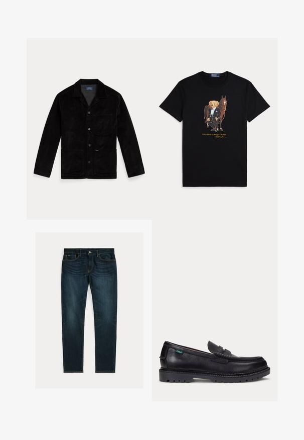 Zwarte corduroyjas met een puntige kraag, frontknopen, een borstzak en twee onderzakken. Gladde textuur en klassiek ontwerp.; Zwart t-shirt met een afbeelding van een teddybeer gekleed in formele ruiterkleding, staand naast een bruin paard.; Donkerblauwe slim-fit jeans met lichte vervaging en vijfzakkenontwerp, plat gelegd op een witte achtergrond.; Zwarte leren loafer met dikke geprofileerde zool en klein groen "Polo" label aan de buitenkant bij de hiel.