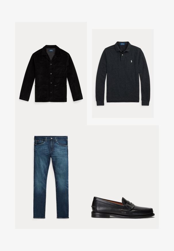 Schwarze Cordjacke mit spitzem Kragen, Vorderknöpfen, einer Brusttasche und zwei unteren Taschen. Glatte Textur und klassisches Design.; Dunkelgraues Polohemd mit langen Ärmeln, Kragen, zweiknopfiger Knopfleiste und weiß gesticktem Polo Ralph Lauren Logo auf der linken Brust.; Dunkelblaue Slim-Fit-Jeans mit vorderem Knopf und Reißverschluss, fünf Taschen sowie dezenter Verfärbung an den vorderen Oberschenkeln und Knien.; Schwarzer Lederloafer mit niedrigem Absatz und Pennyriemendetail, von der Seite auf hellgrauem Hintergrund gezeigt.