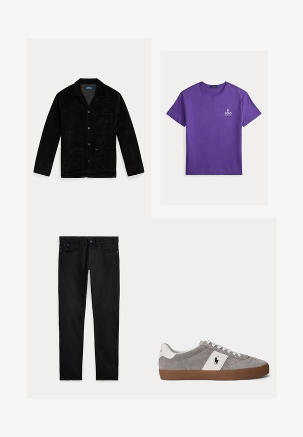 Schwarze Cordjacke mit spitzem Kragen, Vorderknöpfen, einer Brusttasche und zwei unteren Taschen. Glatte Textur und klassisches Design.; Lila Baumwoll-T-Shirt mit kurzen Ärmeln, einem Rundhalsausschnitt und einem kleinen weißen Polo-Logo auf der linken Brust. Glatte Stofftextur.; Schwarze Slim-Fit-Jeans mit vorderen und hinteren Taschen, Gürtelschlaufen sowie Knopf- und Reißverschluss, flach auf weißem Hintergrund liegend.; Low-Top grauer Wildleder-Sneaker mit weißen Schnürsenkeln, weißer Ferse und Seitenpanel mit schwarzem Polo-Spieler-Logo und brauner Gummisohle.