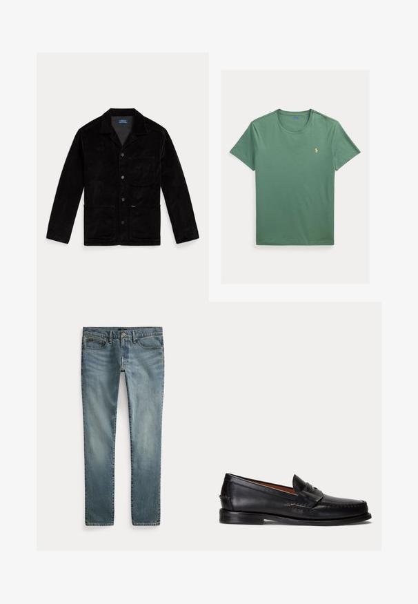 Sort kordfløjl jakke med spidse krave, frontknapper, en brystlomme og to nederste lommer. Glat tekstur og klassisk design.; Grøn T-shirt med rund hals og korte ærmer med lille gul broderet Polo Ralph Lauren-logo på venstre bryst.; Blå denim jeans med lige ben, forlommer, bæltestropper og knaplukning.; Sort læderloafer med lav hæl og pennyremdetalje, vist fra siden på en lysegrå baggrund.
