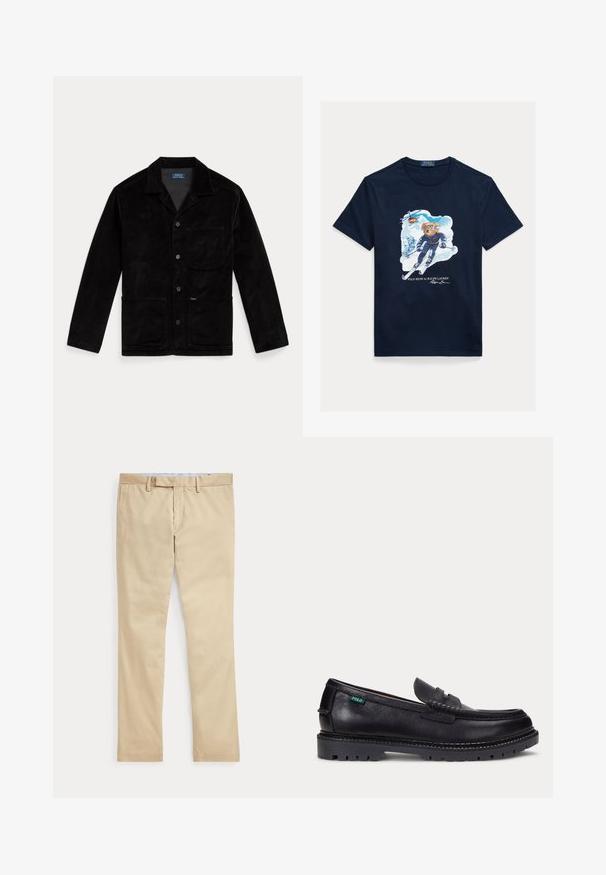 Schwarze Cordjacke mit spitzem Kragen, Vorderknöpfen, einer Brusttasche und zwei unteren Taschen. Glatte Textur und klassisches Design.; Marineblaue Baumwoll-T-Shirt mit einem Grafikdruck eines Bären beim Skifahren, der eine Schutzbrille trägt, mit einem Hubschrauber darüber und verschneiten Bergen im Hintergrund.; Beige gerade Hose mit Gürtelschlaufen und einem vorderen Reißverschluss, flach auf weißem Hintergrund gelegt.; Schwarzer Lederloafer mit dicker Profilsohle und kleinem grünen "Polo"-Etikett an der Außenseite nahe der Ferse.