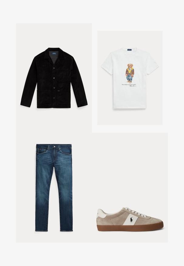 Schwarze Cordjacke mit spitzem Kragen, Vorderknöpfen, einer Brusttasche und zwei unteren Taschen. Glatte Textur und klassisches Design.; Weißes Baumwoll-T-Shirt mit einer Grafik eines gekleideten Cartoon-Bären. Auffällige Details sind eine braune Jacke, eine gelbe Kapuzenjacke und blaue Jeans.; Dunkelblaue Slim-Fit-Jeans mit vorderem Knopf und Reißverschluss, fünf Taschen sowie dezenter Verfärbung an den vorderen Oberschenkeln und Knien.; Beiger Wildleder-Sneaker mit niedrigem Schaft, weißen Schnürsenkeln, weißem Lederakzent mit schwarzem Pferdelogo und brauner Gummisohle.