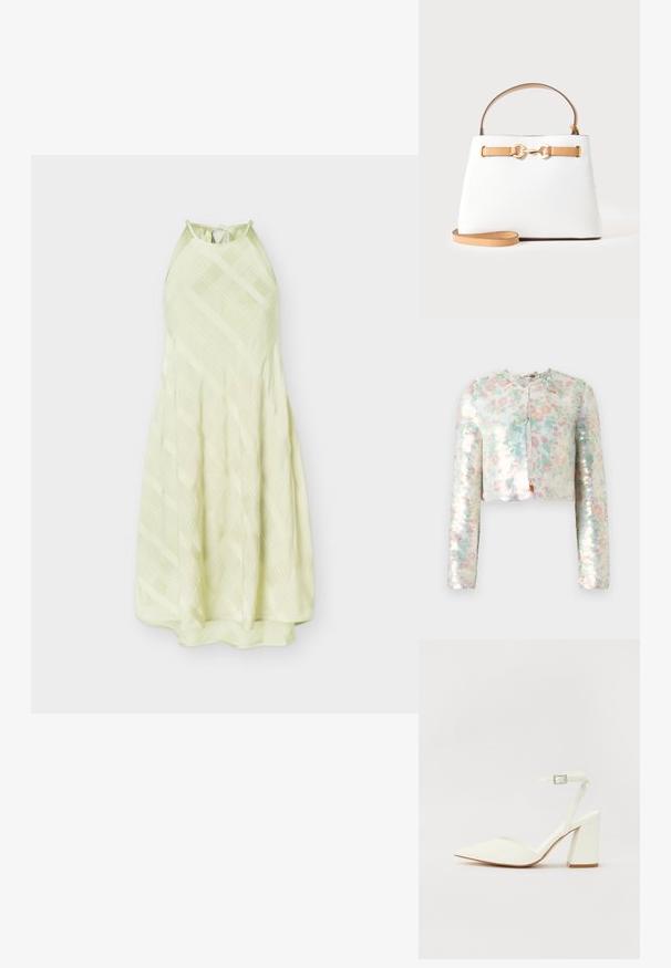 Chaqueta recortada de manga larga, con un patrón floral en colores pastel y lentejuelas brillantes. Cuello redondo, detalle de cierre frontal.; Vestido midi sin mangas de color verde claro con escote halter y sutil patrón de cuadros diagonal, atado en la espalda.; Sandalia blanca de tacón con puntera afilada, correa ajustable en el tobillo y un tacón cuadrado grueso. Textura lisa con detalles de costura mínimos.; Bolso blanco con asas marrones, detalle de hebilla metálica dorada y una correa de hombro marrón desmontable sobre un fondo liso y claro.