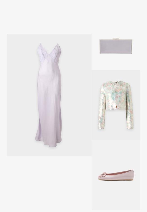 Chaqueta recortada de manga larga, con un patrón floral en colores pastel y lentejuelas brillantes. Cuello redondo, detalle de cierre frontal.; Vestido de satén tipo slip de lavanda clara con detalles de encaje en el escote en V y tirantes finos ajustables, largo hasta el suelo, acabado elegante y suave.; Bailarina plana de charol rosa claro con puntera redondeada, lazo de cordón trenzado en la parte delantera y suela baja beige sobre fondo blanco.; Clutch rectangular de lavanda hecho de material texturizado con bordes lisos. Presenta un cierre de clasp plateado en la parte superior.