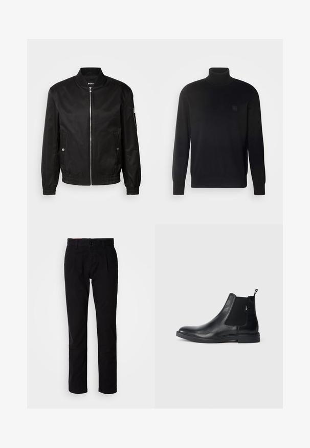 Chaqueta bomber negra hecha de tela suave, con un cuello de canalé, cremallera frontal, bolsillos laterales y puños y dobladillo elásticos.; Jersey de cuello alto negro con mangas largas, cuello y puños acanalados, hecho de una tela suave. Presenta un pequeño parche de logo en el pecho.; Pantalones chinos de algodón negro con pierna recta, presentan un frente liso, trabillas para cinturón y un cierre con un solo botón. Textura suave y sin patrones visibles.; Botines Chelsea de cuero negro con paneles elásticos laterales, una pestaña para tirar y una suela de goma plana. Textura suave con un detalle mínimo.