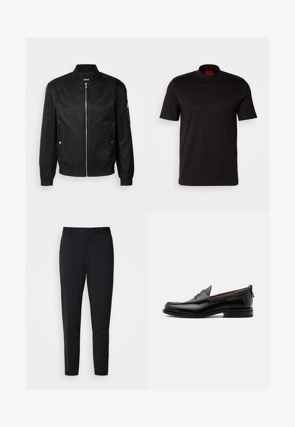 Schwarze Bomberjacke aus glattem Material, mit einem gerippten Kragen, vorne mit Reißverschluss, seitlichen Taschen und elastischen Bündchen sowie Bund.; Schwarzes T-Shirt mit kurzen Ärmeln und hohem Kragen. Hergestellt aus glattem Stoff. Verfügt über ein rotes Markenlabel am inneren Kragen.; Schwarze Hose aus strukturiertem Stoff, mit geradem Schnitt, normalem Bund mit einem Knopf und seitlichen Taschen.; Schwarzer Leder-Herrenschuh mit Mokassinnaht, Penny-Riemen, strukturiertem Kragen und niedrigem gestapeltem Absatz auf weißem Hintergrund.