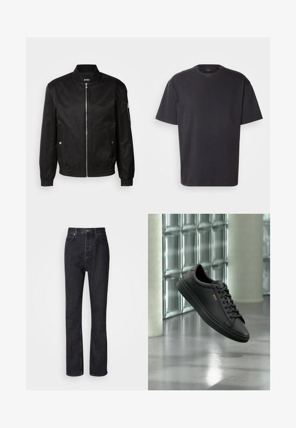 Schwarze Bomberjacke aus glattem Material, mit einem gerippten Kragen, vorne mit Reißverschluss, seitlichen Taschen und elastischen Bündchen sowie Bund.; Schwarzes T-Shirt mit kurzen Ärmeln aus Baumwolle, mit rundem Halsausschnitt und dezentem Branding am Kragen. Weiche Textur mit lässiger Passform.; Hochtaillierte schwarze Jeans aus Denim mit Knopf- und Reißverschluss, Vorder- und Hintertaschen sowie einer geraden Passform.; Schwarzer flacher Ledersneaker mit schwarzen Schnürsenkeln und goldenem BOSS-Logo an der Seite, schwebend über einem glänzenden grauen Boden in einem modernen Innenraum.
