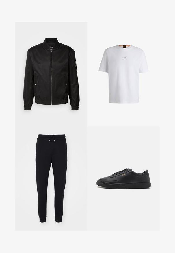 Schwarze Bomberjacke aus glattem Material, mit einem gerippten Kragen, vorne mit Reißverschluss, seitlichen Taschen und elastischen Bündchen sowie Bund.; Weißes Baumwoll-T-Shirt mit kurzen Ärmeln, ausgestattet mit einem schwarzen "BOSS"-Logo, das mittig auf der Brust platziert ist, und einem runden Halsausschnitt.; Schwarze Sweatpants aus weichem Stoff, mit einem elastischen Taillenbund und Kordelzug, seitlichen Taschen und schmal zulaufenden Bündchen an den Knöcheln.; Schwarze Leder-Sneaker mit glatter Textur, runder Zehenpartie, flacher Gummisohle und einfarbigen Schnürsenkeln. Mit goldfarbenem "BOSS" Logo an der Seite.
