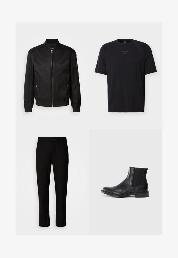 Veste bomber noire en tissu lisse, dotée d'un col côtelé, d'une fermeture éclair à l'avant, de poches latérales et de poignets et ourlet élastiques.; T-shirt noir à manches courtes et col rond avec le logo "Porsche BOSS" centré sur la poitrine, sur un fond uni.; Pantalon noir à coupe droite, avec une taille plate, passants de ceinture et fermeture à un bouton à la taille. Texture de tissu lisse.; Bottine Chelsea en cuir noir avec des panneaux élastiques sur les côtés, bout rond et petit talon empilé. Équipée d'une languette rouge et d'un logo subtil sur le côté.
