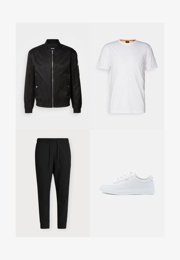 Veste bomber noire en tissu lisse, dotée d'un col côtelé, d'une fermeture éclair à l'avant, de poches latérales et de poignets et ourlet élastiques.; T-shirt en coton blanc avec un col rond, des manches courtes et un logo en relief subtil sur la poitrine. L'étiquette intérieure a une touche d'orange.; Pantalon de jogging noir avec taille élastique, cordon de serrage, chevilles resserrées et coupe décontractée, présenté sur un fond uni.; Baskets blanches en cuir avec une texture lisse, bout rond et coutures tonales. Possède des lacets bleus et un logo doré sur le côté.