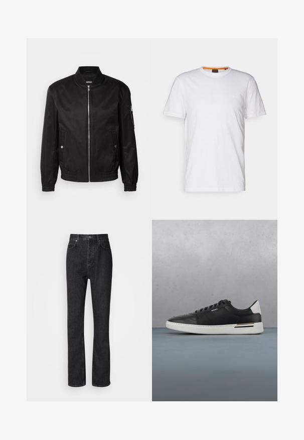 Veste bomber noire en tissu lisse, dotée d'un col côtelé, d'une fermeture éclair à l'avant, de poches latérales et de poignets et ourlet élastiques.; T-shirt en coton blanc avec un col rond, des manches courtes et un logo en relief subtil sur la poitrine. L'étiquette intérieure a une touche d'orange.; Jean en denim noir taille haute avec fermeture à bouton et à glissière, poches avant et arrière, et coupe droite.; Sneaker en cuir noir avec semelle blanche, présente des perforations, un design à lacets, logo sur le côté et détail de talon contrasté en blanc et marron.