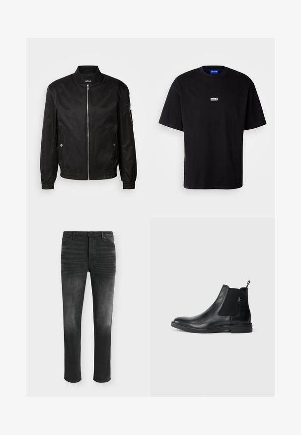 Chaqueta bomber negra hecha de tela suave, con un cuello de canalé, cremallera frontal, bolsillos laterales y puños y dobladillo elásticos.; Camiseta de algodón negra con cuello redondo, mangas cortas y un logo rectangular blanco "HUGO" en el pecho. Textura suave, corte relajado.; Vaqueros negros de corte ajustado con detalles desgastados, estilo de cinco bolsillos y cierre con botón en la cintura.; Botines Chelsea de cuero negro con paneles elásticos laterales, una pestaña para tirar y una suela de goma plana. Textura suave con un detalle mínimo.