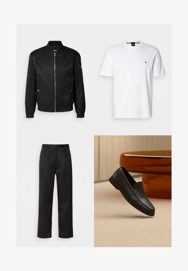 Chaqueta bomber negra hecha de tela suave, con un cuello de canalé, cremallera frontal, bolsillos laterales y puños y dobladillo elásticos.; Camiseta blanca de algodón con cuello redondo, mangas cortas y un pequeño logo en el pecho izquierdo. Textura suave, corte clásico.; Pantalones negros de tela suave, con cierre delantero de botón, pliegues y patas rectas. Sin patrones ni acentos visibles.; Mocasín negro de piel sin cordones exhibido sobre una alfombra beige junto a una mesa de cristal curva color ámbar en una habitación de tonos neutros.