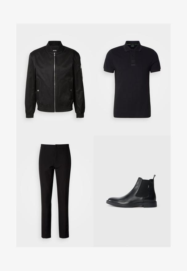 Chaqueta bomber negra hecha de tela suave, con un cuello de canalé, cremallera frontal, bolsillos laterales y puños y dobladillo elásticos.; Camiseta tipo polo negra de algodón, con cuello con solapa, mangas cortas, logotipo sutil en el pecho y textura suave.; Pantalones negros de tela lisa, con diseño de pierna recta, cierre frontal con botón y discretos bolsillos laterales. Aspecto sencillo y entallado.; Botines Chelsea de cuero negro con paneles elásticos laterales, una pestaña para tirar y una suela de goma plana. Textura suave con un detalle mínimo.