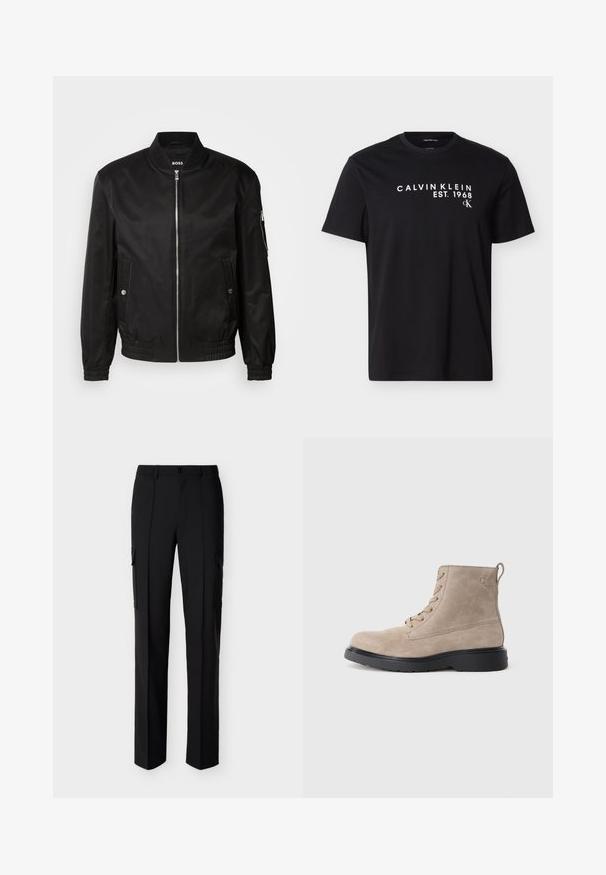 Chaqueta bomber negra hecha de tela suave, con un cuello de canalé, cremallera frontal, bolsillos laterales y puños y dobladillo elásticos.; Camiseta negra de manga corta con texto blanco "CALVIN KLEIN EST. 1968" y pequeño logo "cK" en el pecho.; Pantalones cargo negros de pierna recta con cierre frontal de botones y bolsillos laterales con solapa, mostrados sobre un fondo blanco.; Botines de ante beige con suela de goma negra, diseño con cordones y un pequeño logotipo grabado en el lateral, que cuenta con una lengüeta en la parte posterior.