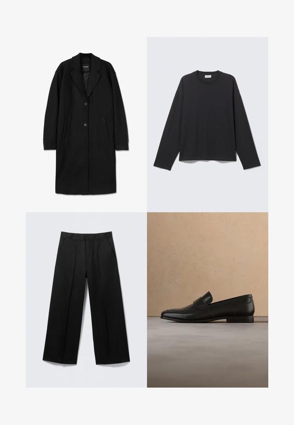 Zwarte wollen overjas met een geknipte kraag, een enkelvoudige sluiting, twee voorzakken en knoopsluiting bij de mouwen. Glad textuur en op maat gemaakte pasvorm.; Zwart shirt met lange mouwen en ronde hals, eenvoudige, losse pasvorm, plat gelegen op een lichtgrijze achtergrond.; Zwarte broek met brede pijpen, voorzien van lussen voor een ceintuur, steekzakken aan de voorkant en een ritssluiting, getoond op een lichtgrijze achtergrond.; Zwarte leren loafer schoenen zwevend in de lucht boven een beige tapijt met een beige bank op de achtergrond.
