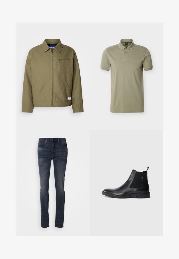Veste verte olive avec fermeture éclair, col pointu, poche poitrine simple, poches latérales et étiquette de la marque bleue sur l'ourlet.; Polo pour homme vert olive à manches courtes avec patte à deux boutons et logo "BOSS" brodé sur la poitrine.; Jean en denim délavé foncé avec une coupe slim, doté d'une fermeture à boutons, de cinq poches, et d'un délavage subtil. Design à jambes droites avec une texture lisse.; Bottines Chelsea en cuir noir avec des panneaux élastiques sur les côtés, une languette arrière et une semelle en caoutchouc plate. Texture lisse avec un minimum de détails.