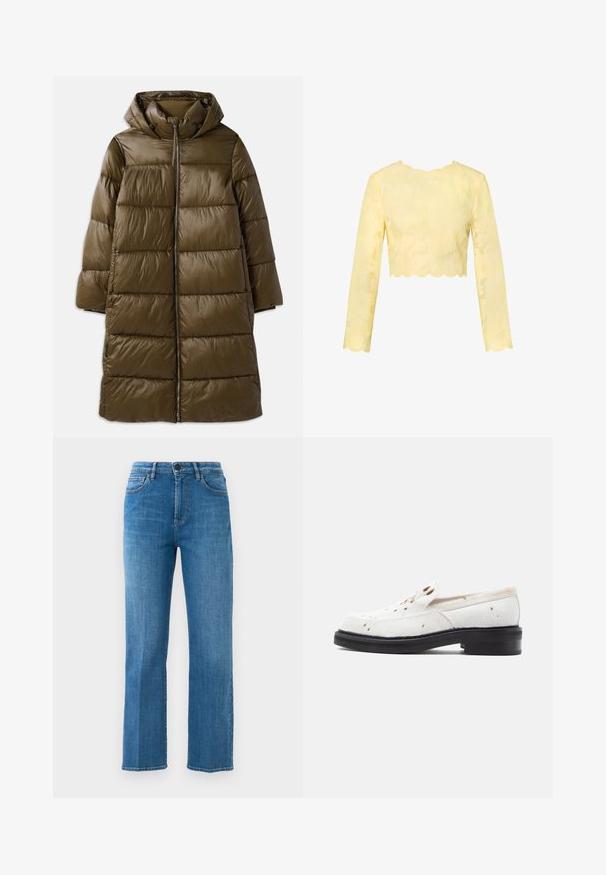 CLOSED PUFFER COAT - Manteau d'hiver - marsh green; Haut court à manches longues jaune avec motif en dentelle florale et bords festonnés au niveau de l'encolure, de l'ourlet et des poignets.; Jean en denim bleu à jambes droites avec poches avant, passants de ceinture, fermeture éclair et bouton, sur un fond blanc uni.; Chaussures blanches à enfiler en matière texturée rappelant des poils, avec des taches marron, un petit talon noir et un design lisse et minimaliste.