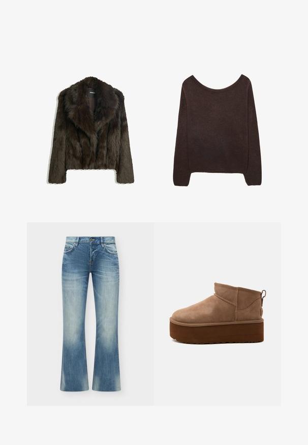 Brun faux fur jakke med sjalskrave og cropped design. Har en blød, tekstureret overflade og er fuldt foret.; Brun strikket sweater med off-shoulder halsudskæring, lange ærmer og ribbede manchetter. Blød tekstur med en glat overflade.; Blå denimjeans med en let vidde, fem lommer, knap- og lynlåslukning samt falmet vask ved lår og knæ.; Mellemstore brune ruskind slip-on støvler med tyk platformsål og trækflig bagpå mod lys baggrund.