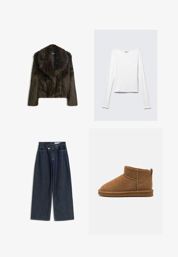 Veste en fausse fourrure marron avec un col châle et une coupe courte. Elle présente une surface douce et texturée et est entièrement doublée.; Haut blanc à manches longues avec un design croisé et une poche. Fabriqué dans un tissu lisse et extensible. Coupé dans une coupe décontractée et ample.; Jean denim bleu foncé à jambes larges, avec fermeture à double bouton, poches avant et surpiqûres blanches visibles, étiquette Bershka.; Bottines en daim marron avec un bout rond, tige courte et tirette au dos. Présente des coutures contrastées et une semelle en caoutchouc plate.