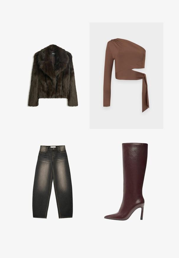 Brun faux fur jakke med sjalskrave og cropped design. Har en blød, tekstureret overflade og er fuldt foret.; Brun, langærmet top med asymmetrisk snit, der har en draperet, ensidig design og en sidelukning. Glat, strækbart stof.; Grå denim bredbenede jeans med let lysning, fem lommer, kontraststing og en afslappet pasform. Ingen synlige mønstre eller udsmykninger.; Knæhøje bordeauxfarvede læderstøvler med spidstå og stiletthæl. Glat tekstur med minimale detaljer og et tætsiddende skaftdesign.