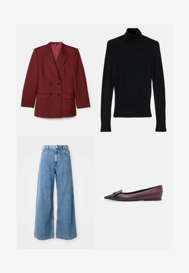Dobbeltbrystet bordeaux blazer lavet af uldblanding. Har spidse klapkraver, to forlommer og sorte knapper. Foret med ensfarvet stof.; AERON TENDER LONG SLEEVED - Striktrøje - black; Højtaljede lyseblå brede denim jeans med frontknap, lynlås og forlommer på en hvid baggrund.; Bordeauxfarvet lædersko med flad sål og spids tå, med en sort, blank accent ved tåen og et elegant design.