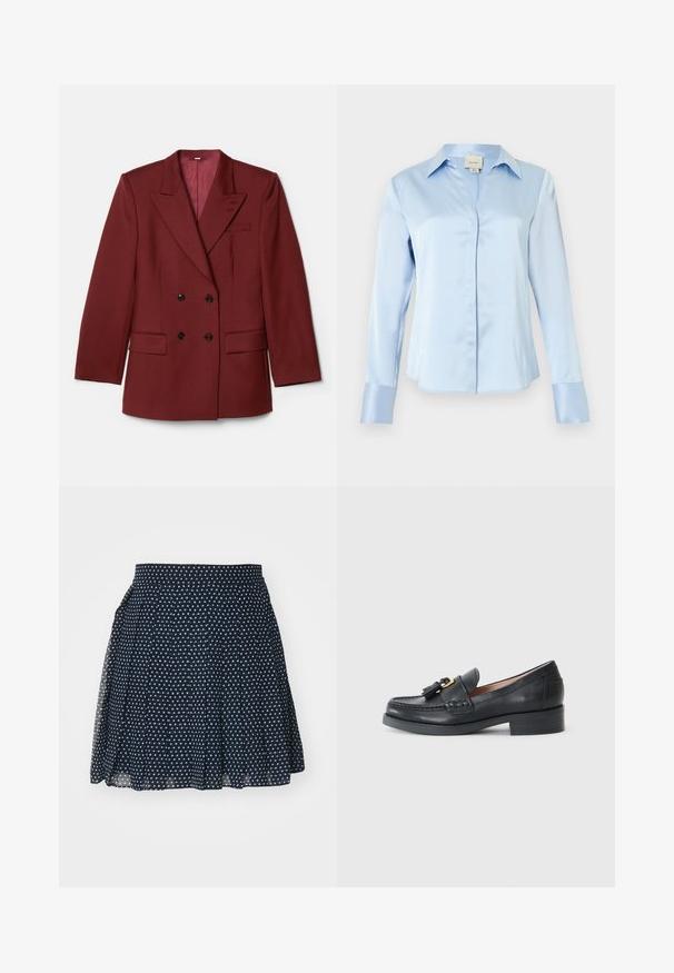 Dobbeltbrystet bordeaux blazer lavet af uldblanding. Har spidse klapkraver, to forlommer og sorte knapper. Foret med ensfarvet stof.; Lyseblå satin bluse med langærmer, skjulte knapper foran, spids krave og brede manchetter, vist på en hvid baggrund.; Marine nederdel med små hvide stjerner, plisseret design, høj talje og let stof der giver fri bevægelighed.; Sorte læder loafers med rund tå, dekorative kvaster og en lille hæl. Har synlig syning og en glat overflade.