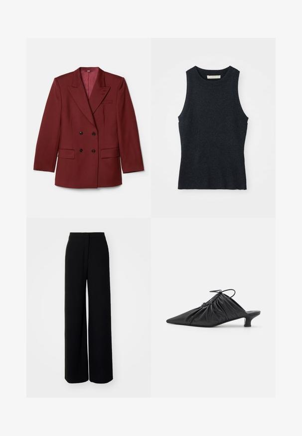 Dobbeltbrystet bordeaux blazer lavet af uldblanding. Har spidse klapkraver, to forlommer og sorte knapper. Foret med ensfarvet stof.; Udenærmet, mørkegrå strikket tanktop med rund hals, lagt fladt på hvid baggrund.; Sorte brede bukser med høj talje, glat stof, frontlukning med knap og uden synlige lommer, med et skræddersyet fit.; Sorte læder slip-on mules med spids tå, samlet tekstur og en lille kitten heel. Har en snor-detalje ved åbningen.
