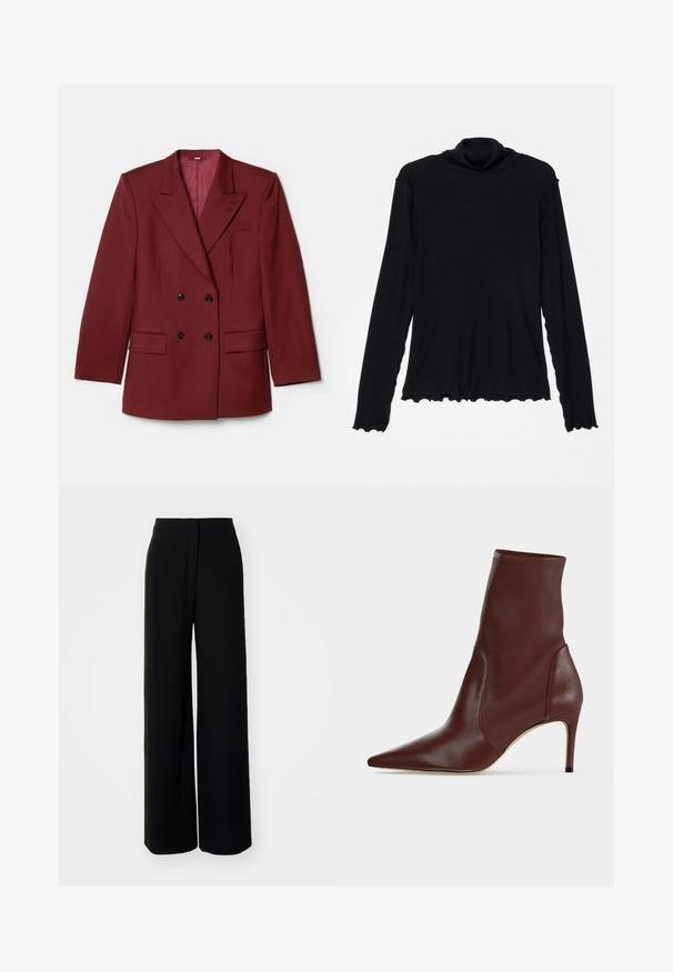 Dunkelroter, doppelreihiger Blazer aus Wollmischung. Mit Reverskragen, zwei Vorderaschen und schwarzen Knöpfen. Gefüttert mit einfarbigem Stoff.; Rodebjer CISNE - Langarmshirt - black; Schwarze weit ausgestellte Hose mit hoher Taille, glattem Stoff, vorderem Knopfverschluss und ohne sichtbare Taschen, die eine taillierte Passform bietet.; Dunkelbrauner Lederstiefelette mit spitzer Spitze und schlankem hohen Absatz vor einem schlichten hellen Hintergrund.
