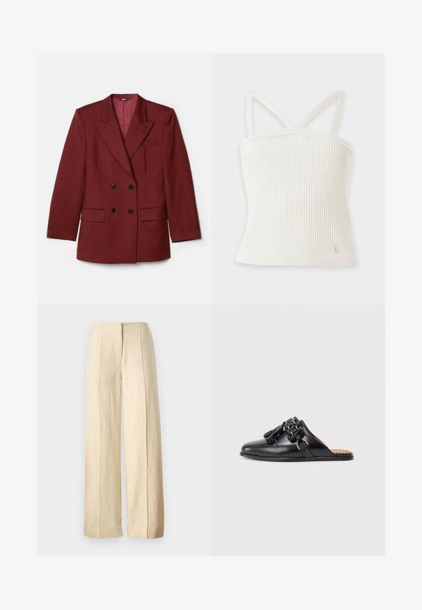 Dobbeltbrystet bordeaux blazer lavet af uldblanding. Har spidse klapkraver, to forlommer og sorte knapper. Foret med ensfarvet stof.; Hvid ribstrikket cropped top med tynde skulderstropper og et lille metal brandmærke nær den nederste kant.; Bredde bukser i et lysebeige stof, der har en glat tekstur og for-pleats, med en skræddersyet talje og ingen synlig hardware.; Sorte læder slip-on sko med rund tå, der har en fletket kædeaccent og frynser. Glat tekstur og flad sål.