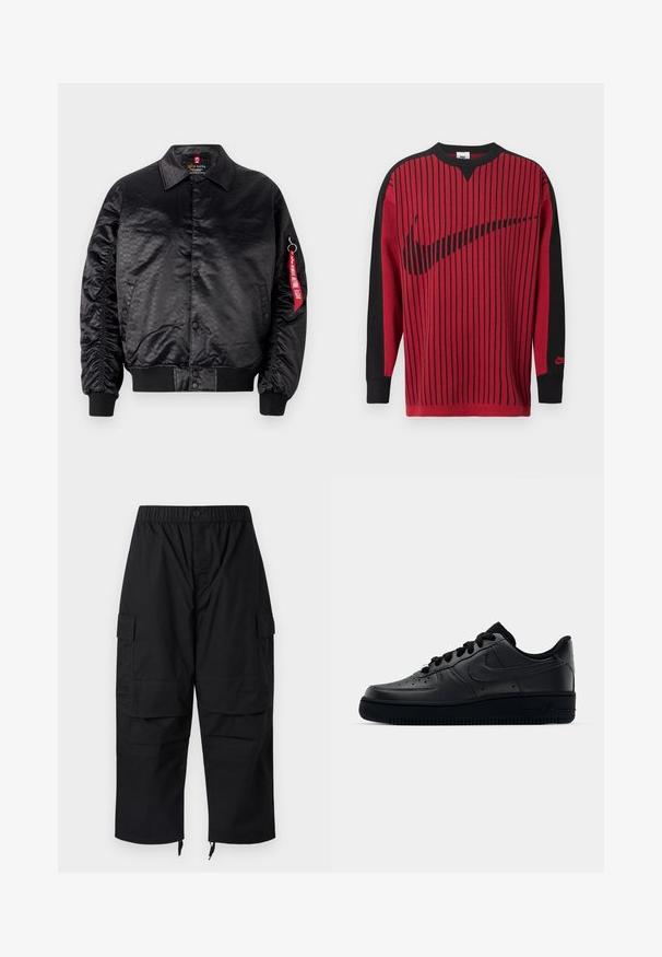 Chaqueta bomber negra con un acabado satinado suave, que presenta un sutil patrón de logotipos, puños acanalados y una etiqueta de tela roja en la manga.; Sudadera de punto roja con rayas verticales negras, mangas negras y un logo negro de Nike. Cuenta con cuello redondo y puños acanalados.; Pantalones cargo negros con cintura elástica, múltiples bolsillos y cremalleras en los tobillos, con un diseño relajado y holgado.; Zapatilla Nike Air Force 1 negra con parte superior de cuero liso, puntera perforada para transpirabilidad, cordones negros y suela de goma texturizada.
