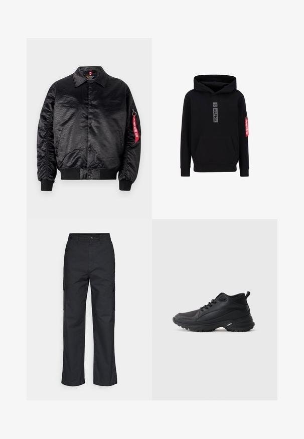 Veste bomber noire avec une finition satinée lisse, dotée d'un motif logo subtil, de poignets côtelés et d'une étiquette en tissu rouge sur la manche.; Hoodie noir avec poche avant, capuche à cordon et poche zippée sur la manche. Il présente un grand logo "ALPHA" et un détail de tag rouge.; Pantalons cargo noirs avec une coupe droite, dotés de poches latérales et d'un tissu texturé. Fermeture par bouton à la taille pour un maintien sécurisé.; Chaussures de sport noires en matériau synthétique. Dotées d'un col rembourré, d'un embout rond, d'une semelle extérieure robuste avec traction, et d'un détail avec le logo de la marque.