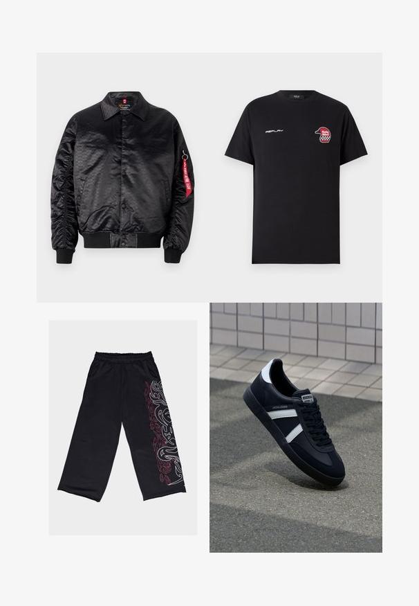Sort bomberjakke med en glat satinfinish, der har et diskret logo-mønster, ribbede manchetter og et rødt stofmærke på ærmet.; Replay SHORT SLEEVE GRAPHIC - T-shirts print - black; Sorte bukser med vide ben lavet af blødt stof. Har et hvidt og rødt tribal-design ned langs venstre side, med elastisk talje og lommer.; Sort lædersneaker med hvide striber, tekstureret gummisål og snørrebånd foran. Har et brandet mærke på tungen.