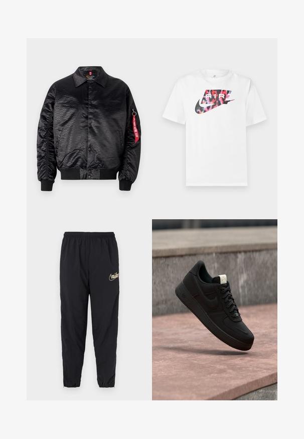Veste bomber noire avec une finition satinée lisse, dotée d'un motif logo subtil, de poignets côtelés et d'une étiquette en tissu rouge sur la manche.; T-shirt blanc à manches courtes avec un grand logo Nike en noir et motif léopard multicolore, avec le mot "AIR" à l'intérieur du logo.; Pantalon de sport noir en matériau léger. Il présente une taille élastique et des ourlets resserrés. Accent logo doré sur la cuisse.; Baskets Nike Air Force 1 noires flottant au-dessus d’un rebord en béton rose avec un fond en pierre grise, montrant des détails latéraux et supérieurs.
