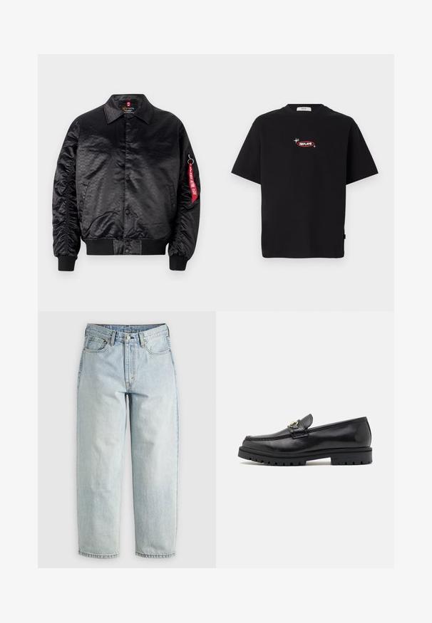 Chaqueta bomber negra con un acabado satinado suave, que presenta un sutil patrón de logotipos, puños acanalados y una etiqueta de tela roja en la manga.; Camiseta negra de manga corta con pequeño logo "REPLAY®" en blanco y rojo rodeado de destellos en el pecho.; Jeans de mezclilla azul claro con pierna recta, cinco bolsillos y cierre de botón; presentan áreas desgastadas y sutiles detalles de costura.; Mocasines de cuero negro con un acabado suave, punta redonda, una tira decorativa con herraje dorado y una suela negra robusta.