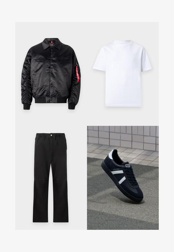 Chaqueta bomber negra con un acabado satinado suave, que presenta un sutil patrón de logotipos, puños acanalados y una etiqueta de tela roja en la manga.; Camiseta blanca lisa de manga corta y cuello redondo, mostrada extendida sobre un fondo claro, sin logotipos ni patrones visibles.; Pantalones negros de algodón con una cintura elástica, que cuentan con un diseño de pierna recta, textura suave y sin acentos ni patrones visibles.; Zapatilla de cuero negra con rayas blancas, suela de goma texturizada y parte frontal con cordones. Cuenta con una etiqueta de marca en la lengüeta.
