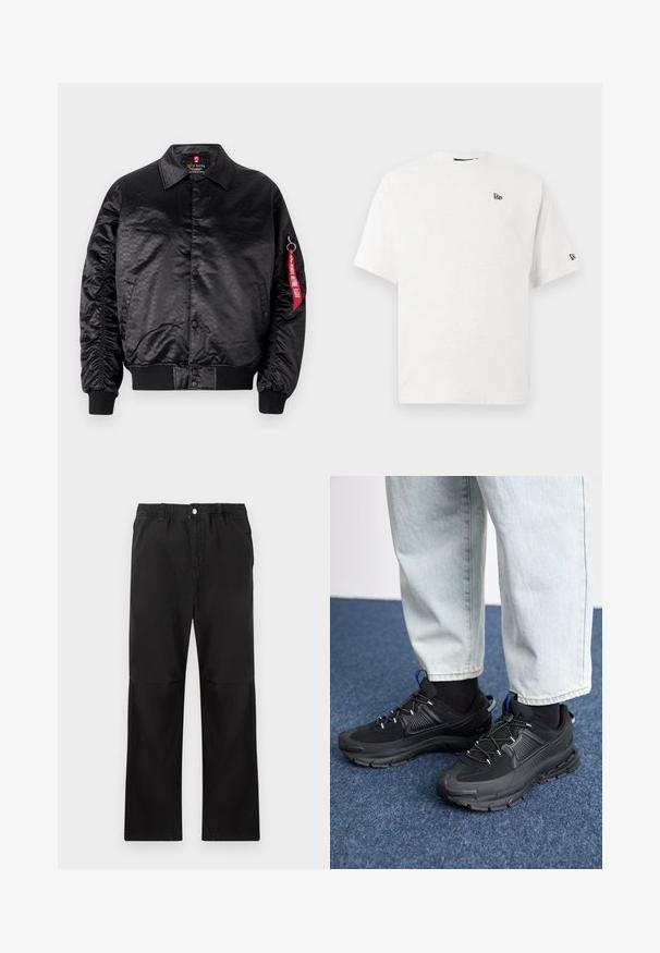 Chaqueta bomber negra con un acabado satinado suave, que presenta un sutil patrón de logotipos, puños acanalados y una etiqueta de tela roja en la manga.; Camiseta blanca de algodón con mangas cortas, cuello redondo y un pequeño logo negro en el lado izquierdo del pecho y la manga derecha.; Pantalones negros de algodón con una cintura elástica, que cuentan con un diseño de pierna recta, textura suave y sin acentos ni patrones visibles.; Zapatillas deportivas negras con tejido texturizado y suelas de goma, con cordones elásticos y un acento azul en el talón. Combinadas con pantalones de mezclilla claros.