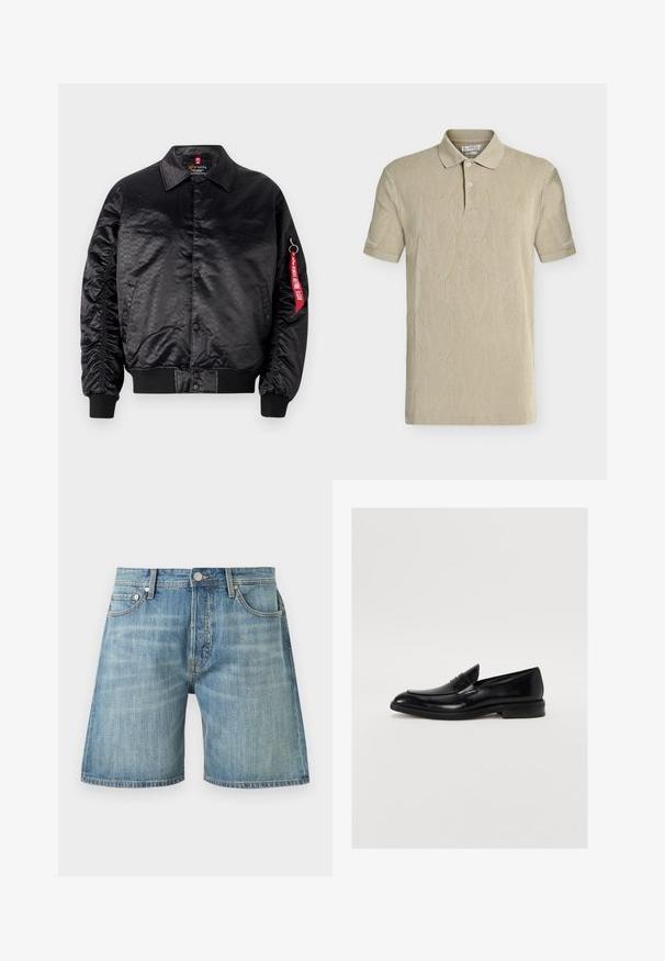 Sort bomberjakke med en glat satinfinish, der har et diskret logo-mønster, ribbede manchetter og et rødt stofmærke på ærmet.; Beige kortærmet poloshirt med bladmønstertekstur, to-knaps stolpelukning og ribstrikkede manchetter på ærmerne.; Lyseblå denimshorts med knap- og lynlås, bæltestropper, forlommer og subtile falmede detaljer.; Sorte læder loafers med rund tå, subtil syning og en glat overflade. Har en lav stablet hæl og en strop over vamsen.