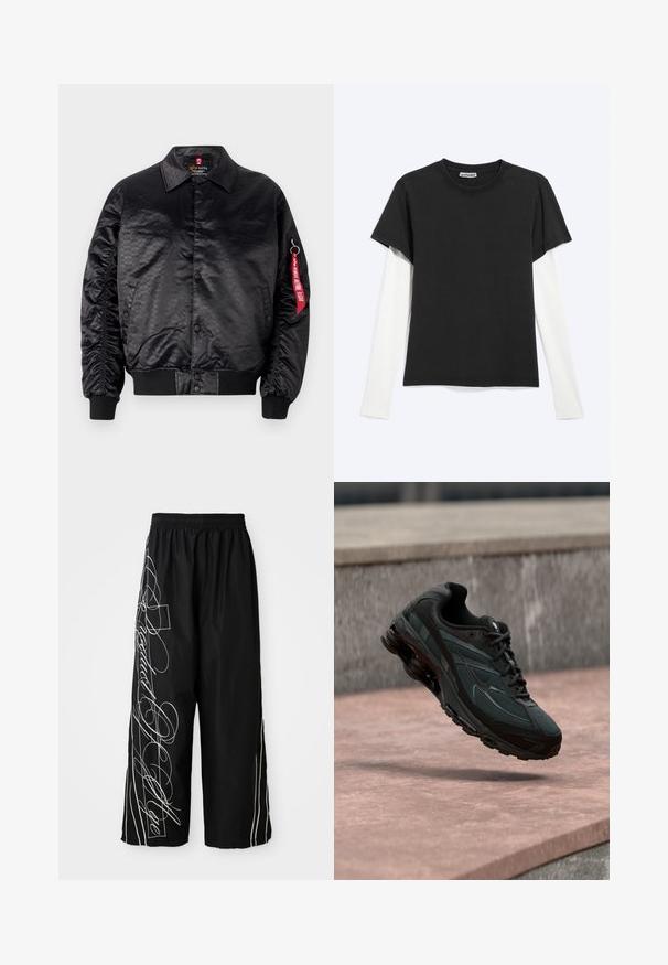 Sort bomberjakke med en glat satinfinish, der har et diskret logo-mønster, ribbede manchetter og et rødt stofmærke på ærmet.; Sort T-shirt med korte ærmer lagdelt over en hvid skjorte med lange ærmer, fladt lagt på en lysegrå baggrund med WEEKDAY-mærket synligt inde i kraven.; Svarte, vide, cropped bukser lavet af letvægtsstof. Har hvide broderede mønstre og accenter, der strømmer ned ad siderne. Elastisk talje.; Sort atletisk sneaker med synligt luftdæmpende mellemsål, der svæver over en pink stenoverflade med en grå stenvæg i baggrunden.