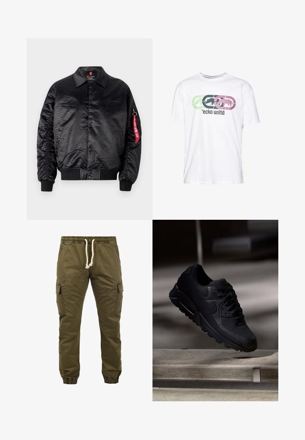Sort bomberjakke med en glat satinfinish, der har et diskret logo-mønster, ribbede manchetter og et rødt stofmærke på ærmet.; Hvid bomulds t-shirt med korte ærmer, med et multicolor grafisk logo i grøn, sort, pink og grå i midten.; Grønne cargo bukser med elastisk talje, snøre lukning, manchetter ved anklerne og sidelommer. Fremstillet af holdbart, tekstureret stof.; Sorte Nike Air Max 90 sneakers med en tekstureret mesh-overdel, glatte læderdetaljer, polstret krave og synlig luftstød i sålen.