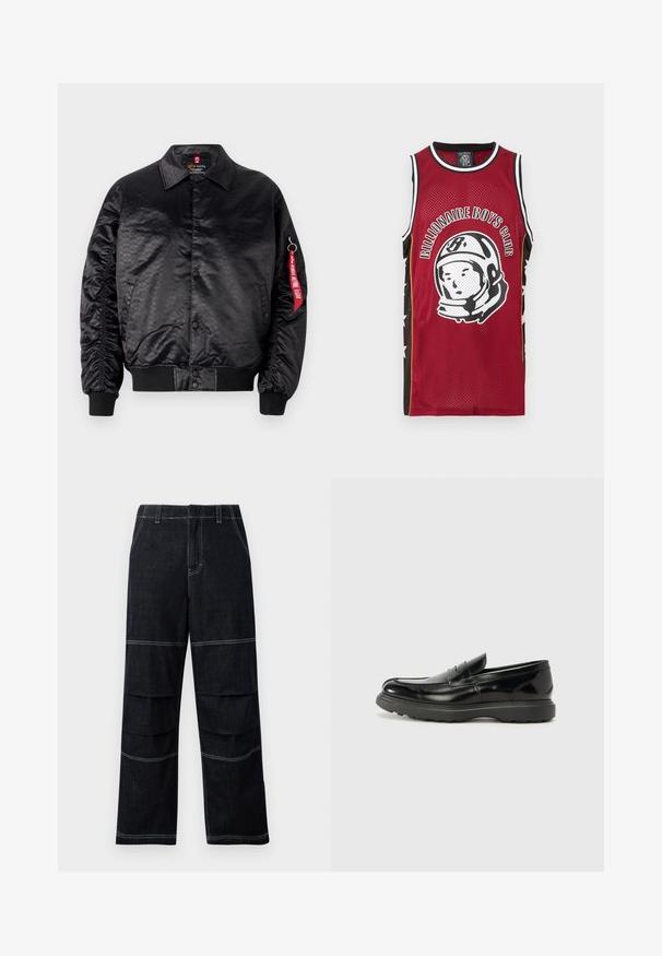 Chaqueta bomber negra con un acabado satinado suave, que presenta un sutil patrón de logotipos, puños acanalados y una etiqueta de tela roja en la manga.; Camiseta de baloncesto sin mangas de malla roja con ribetes en negro y blanco, texto "Billionaire Boys Club" y gráfico de casco de astronauta en el frente.; Pantalones de mezclilla oscuros de pierna ancha con una cintura alta, que cuentan con costuras en contraste y bolsillos superpuestos en los muslos.; Mocasín de cuero negro con un acabado brillante, punta redondeada, detalles de costura sutiles y una suela de goma gruesa para mayor durabilidad.