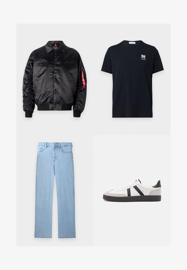 Sort bomberjakke med en glat satinfinish, der har et diskret logo-mønster, ribbede manchetter og et rødt stofmærke på ærmet.; Sort T-shirt med korte ærmer og rund hals med lille hvidt japansk tegn og teksten "Traditional Fishing" på venstre bryst.; Lyseblå høj talje lige ben denim jeans med forreste knap, lynlås lukning og fem-lomme design på hvid baggrund.; Hvide sneakers med sorte og grå detaljer, med en tekstureret grå tåhætte, sort gummisål og flade hvide snørebånd. Rent design, minimalistisk stil.
